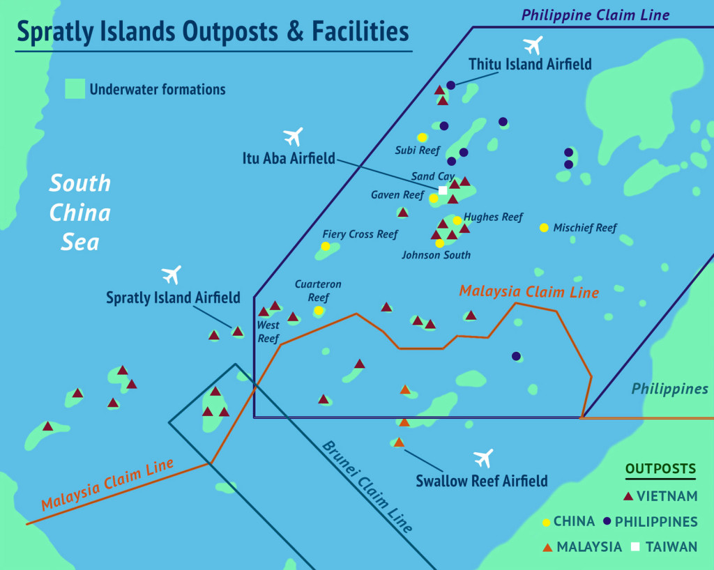 Übersicht überdie verschiedenen Besitzansprüche auf die Spratly-Inseln Quelle: http://amti.csis.org/island-tracker/