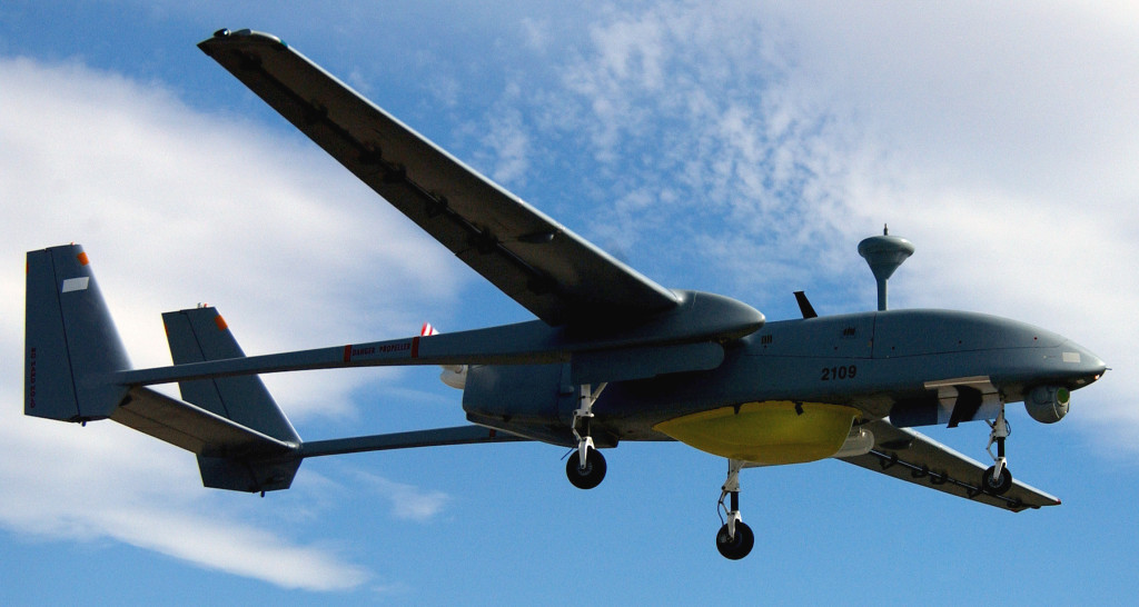 A Hunter Joint Tactical Unmanned Aerial Vehicle (UAV) in flight during a Combat Search and Rescue (CSAR) training exercise at Fallon Naval Air Station (NAS), Nevada (NV), during exercise DESERT RESCUE XI. The Hunter is an Israeli multi-role short-range UAV system in service with the US Army (USA). The exercise is a joint service Combat Search and Rescue (CSAR) training exercise hosted by the Naval Strike and Warfare Center, designed to simulate downed aircrews, enabling CSAR related missions to experiment with new techniques in realistic scenarios.