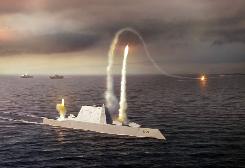 Zerstörer der Zumwalt-Klasse (DDG-1000) in der Darstellung eines Künstlers. Es spielt eine der Hauptrollen in Ghost Fleet. © Public Domain